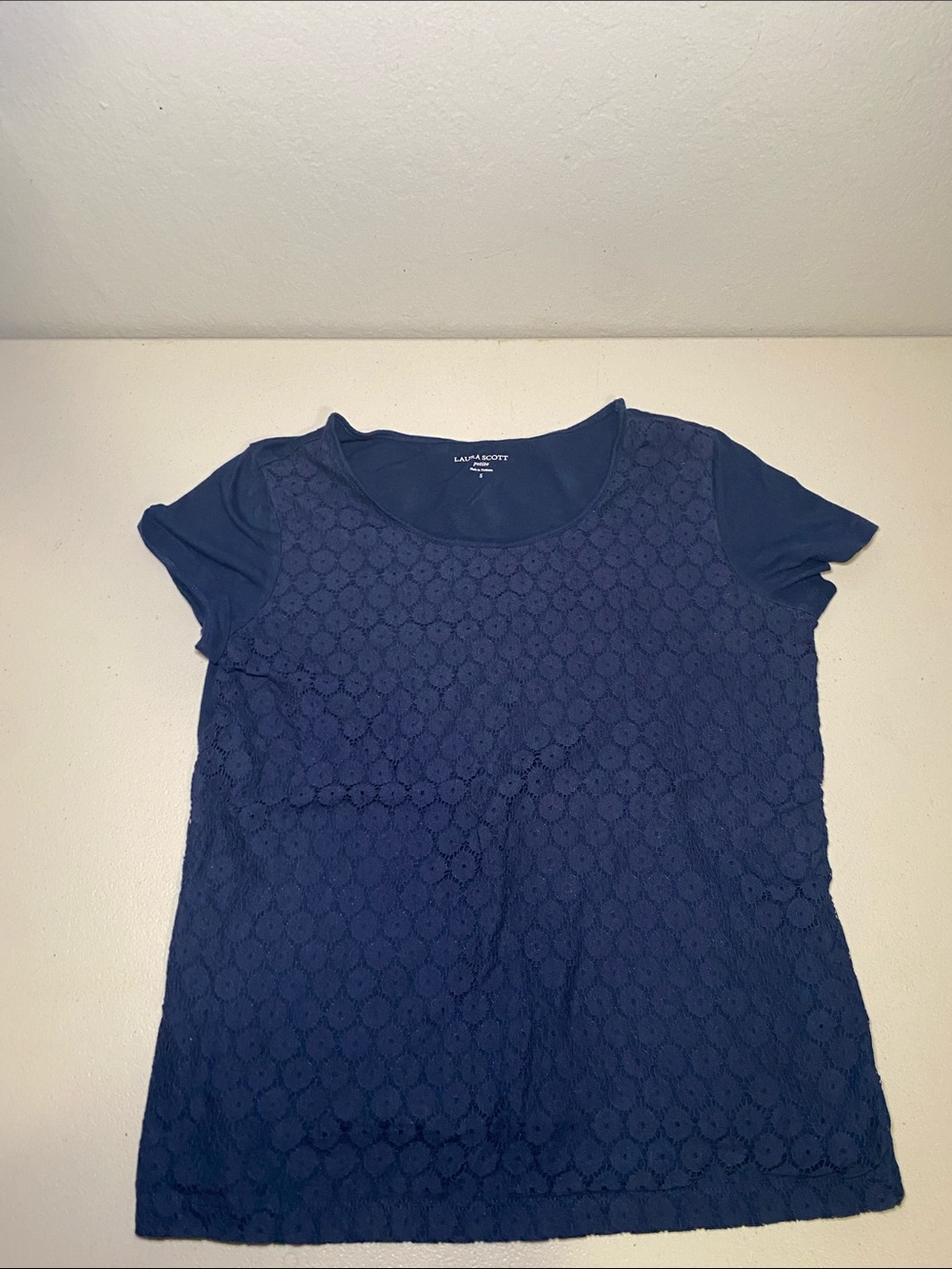 Laura Scott Navy Short Sleeve Lace Overlay Tee